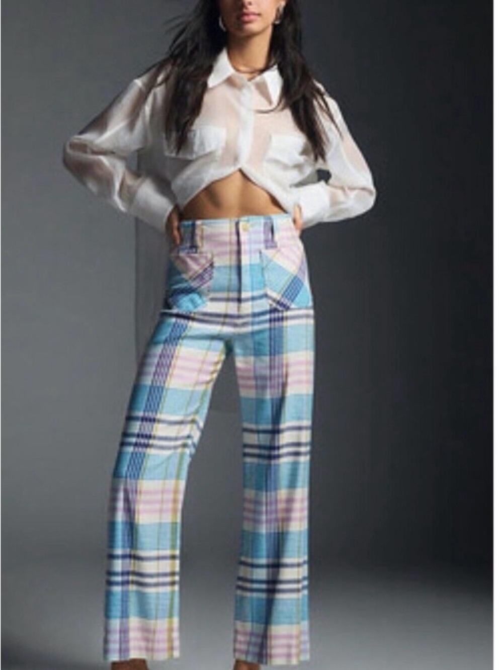 Anthropologie Maeve The Colette Pastel Plaid High-Rise Wide-Leg Ankle Pants 29